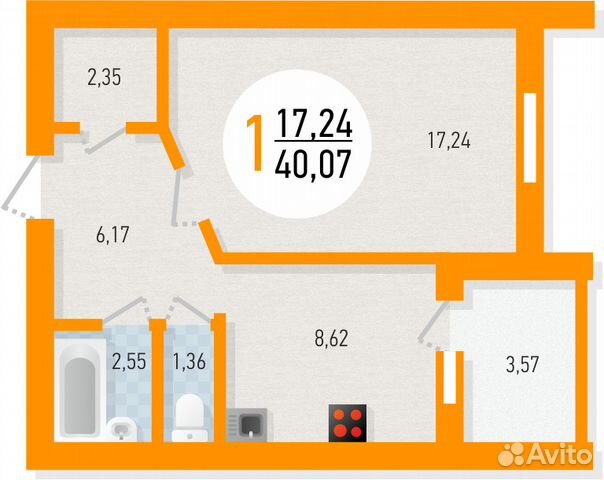 1-к квартира, 40.1 м², 12/12 эт.