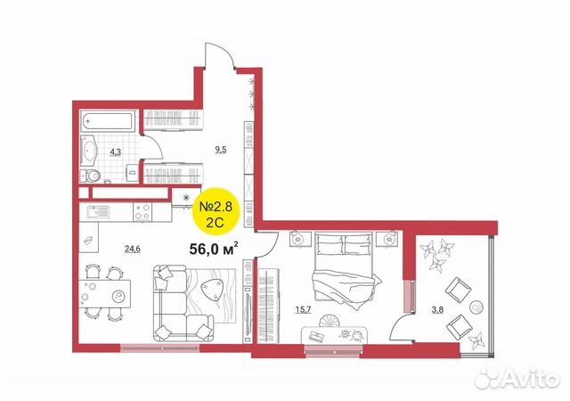 2-к квартира, 56 м², 20/31 эт.