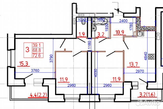 3-к квартира, 72.6 м², 2/10 эт.