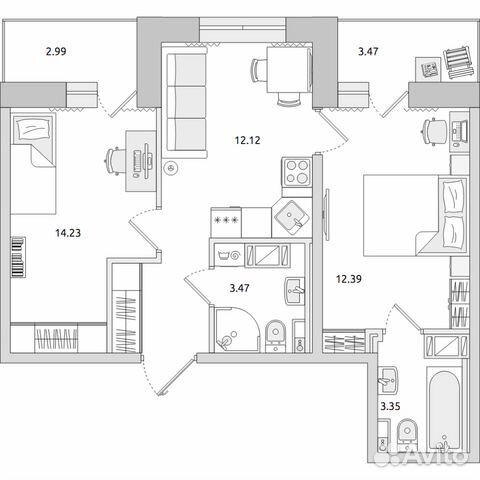 2-к квартира, 55.5 м², 2/20 эт. 2-к квартира, 55.5 м², 2/20 эт.
