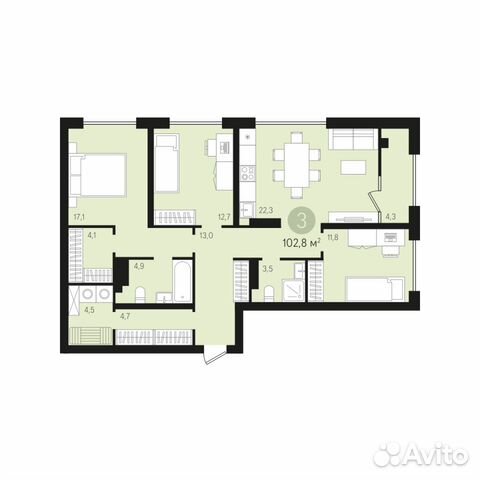 3-к квартира, 102.8 м², 2/10 эт.