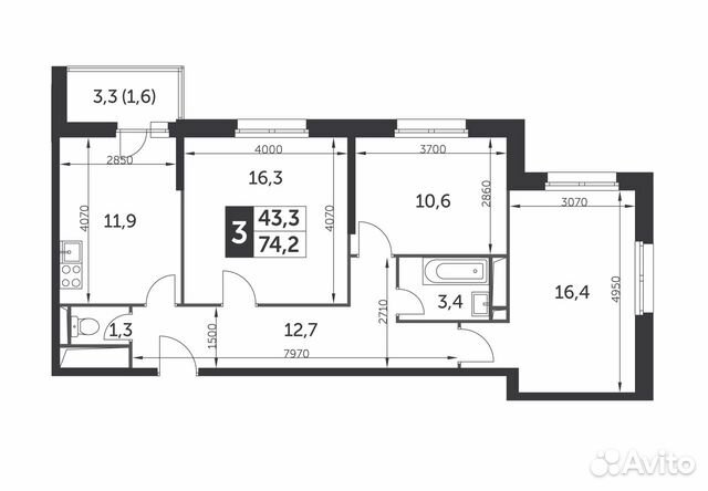 3-к квартира, 74.2 м², 8/22 эт.