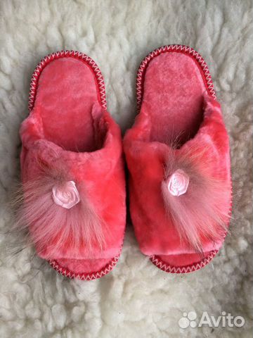 Меховые тапочки мутон - натуральная овчина розовые