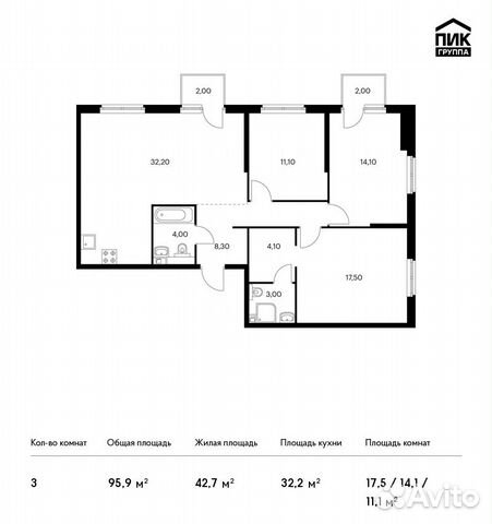3-к квартира, 95.9 м², 8/12 эт. 3-к квартира, 95.9 м², 8/12 эт.