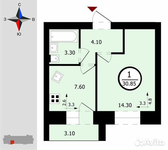 1-к квартира, 30.9 м², 8/10 эт.