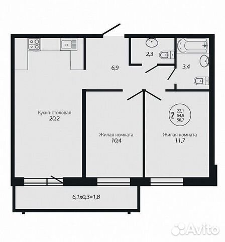 2-к квартира, 56.7 м², 19/19 эт. 2-к квартира, 56.7 м², 19/19 эт.