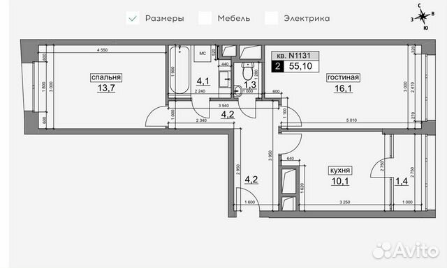 2-к квартира, 55.2 м², 17/22 эт.