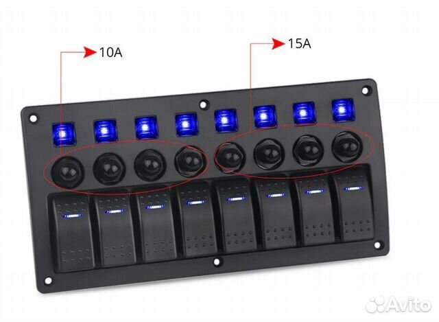 Панель с 8 выключателями (голубая подсветка) Панель с 8 выключателями (голубая подсветка)