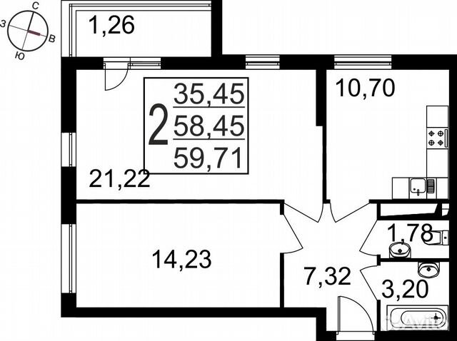 2-к квартира, 59.7 м², 2/13 эт. 2-к квартира, 59.7 м², 2/13 эт.