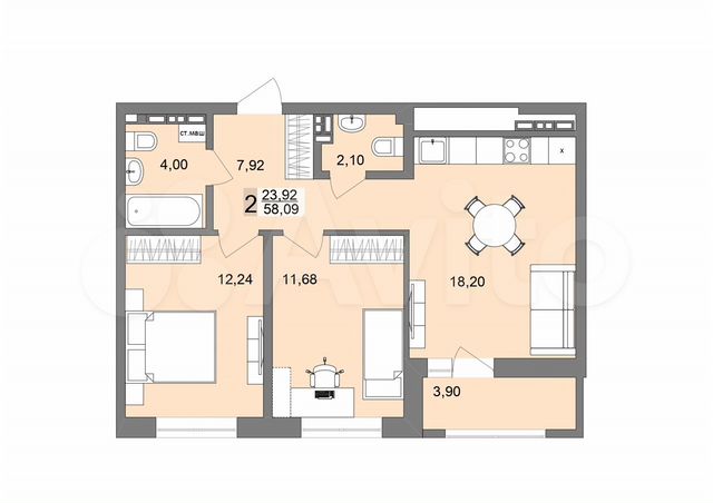 2-к. квартира, 58,1 м², 16/26 эт.