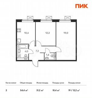2-к квартира, 54.4 м², 6/16 эт.