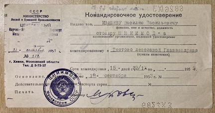 Командировочное удостовер-е Пестово Лесозавод 1953