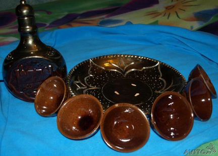 Комплект-штоф,пиалы,поднос для спиртного-глина-90е